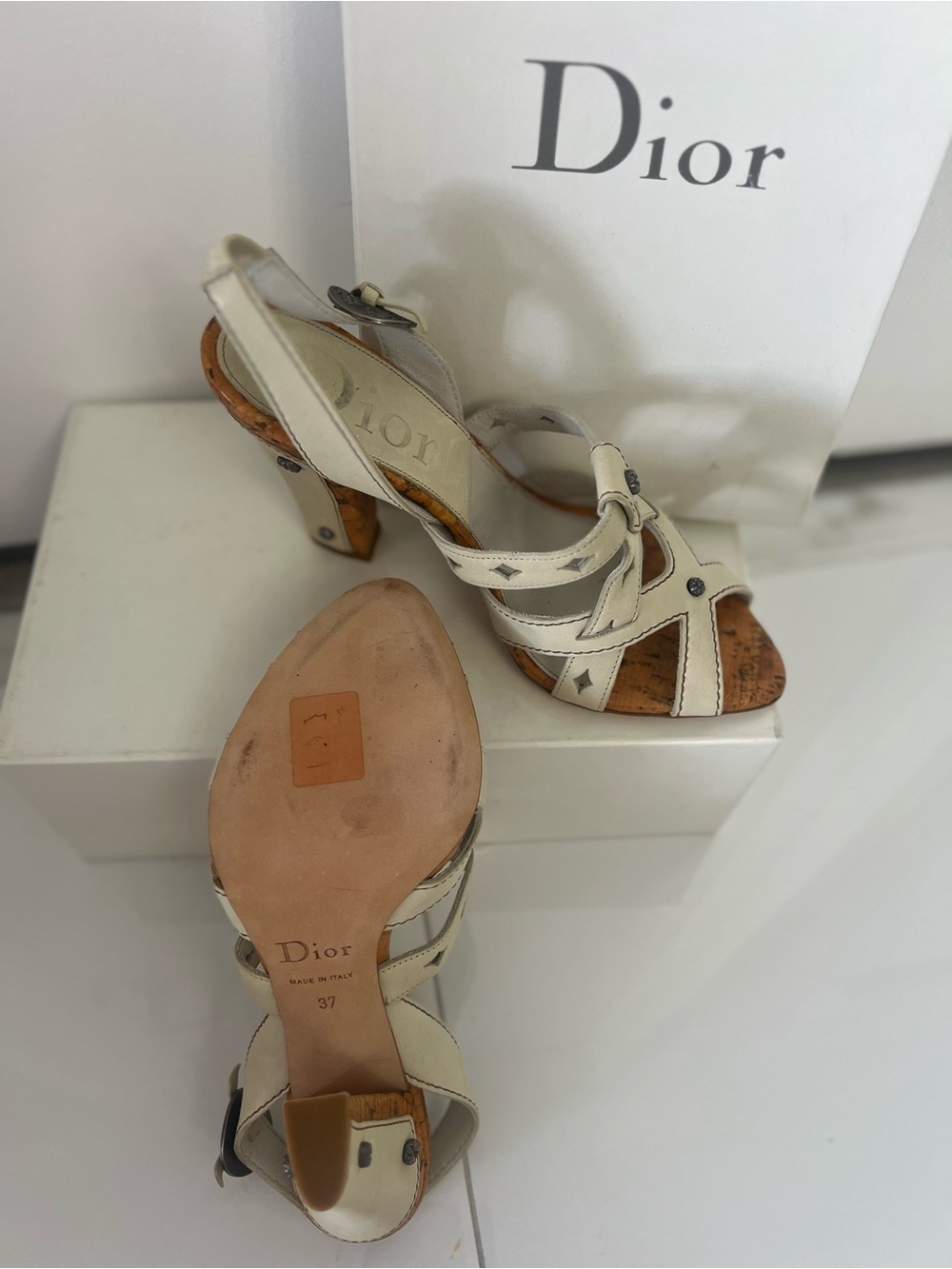 Dior Cream Leather Cork-Trim Slingback Heels - Picture 3 of 7